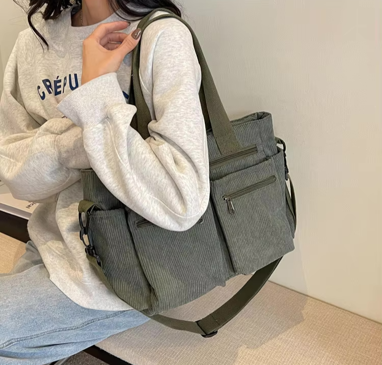 Corduroy tas - Multi-zak schoudertas met lange riem voor dames-Boutique Moda