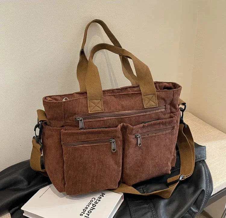 Corduroy tas - Multi-zak schoudertas met lange riem voor dames-Boutique Moda