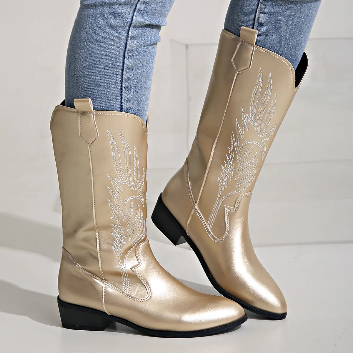 Cowgirl Laarzen - Vrouwen Metallic Western Cowboylaarzen met lage hak-Boutique Moda