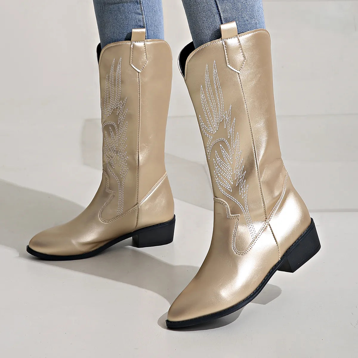 Cowgirl Laarzen - Vrouwen Metallic Western Cowboylaarzen met lage hak-Boutique Moda