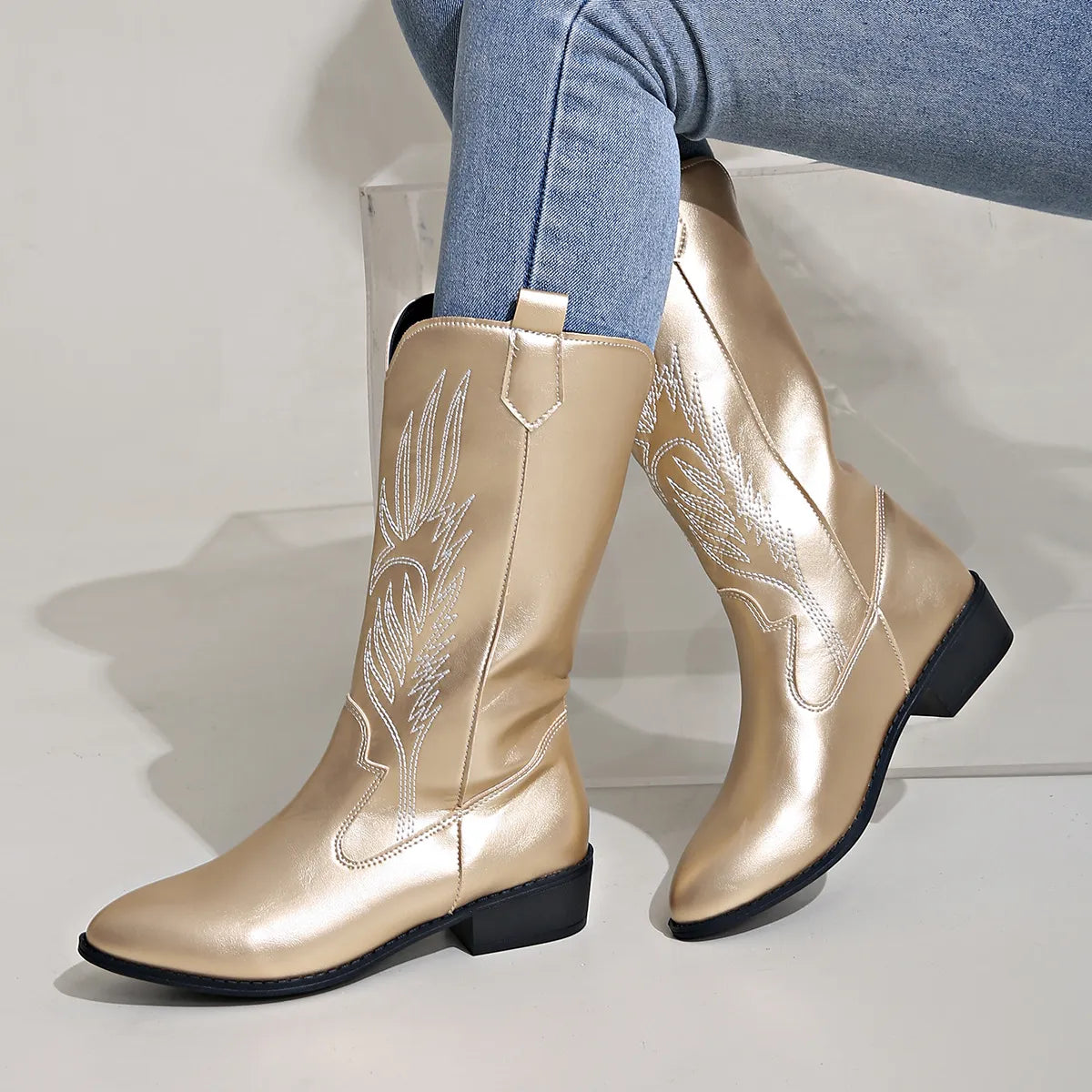 Cowgirl Laarzen - Vrouwen Metallic Western Cowboylaarzen met lage hak-Boutique Moda