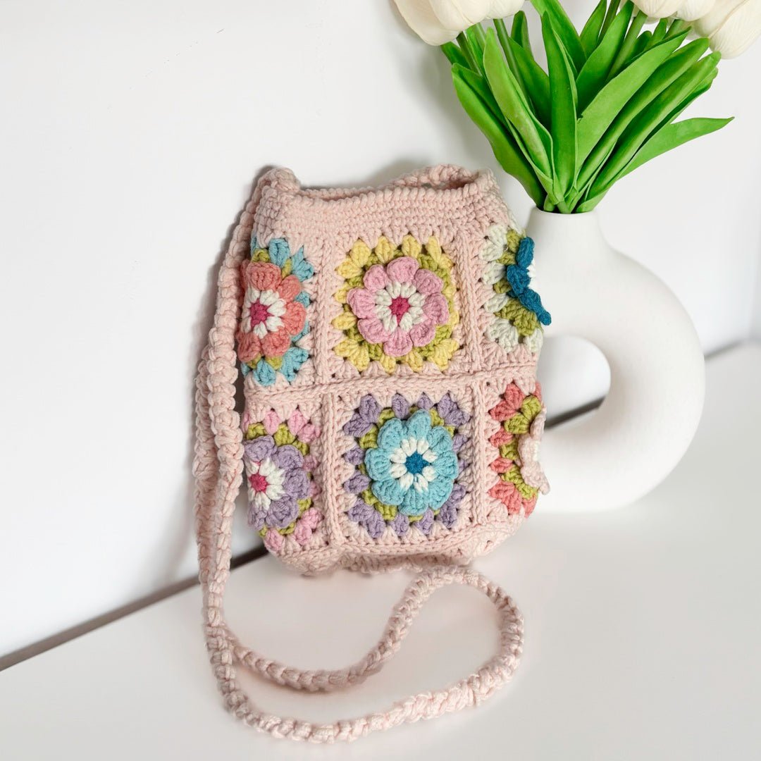 Crossbody Tas Dames | Gehaakt Bloemen | Roze Paars Groen-Boutique Moda