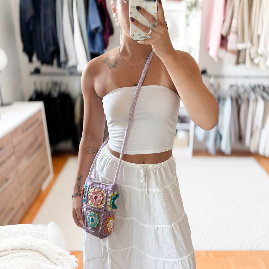 Crossbody Tas Dames | Gehaakt Bloemen | Roze Paars Groen-Boutique Moda