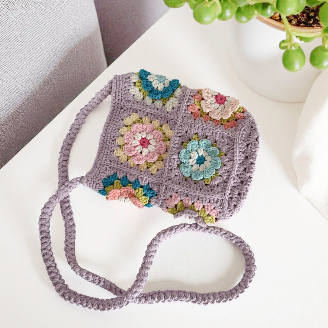 Crossbody Tas Dames | Gehaakt Bloemen | Roze Paars Groen-Boutique Moda
