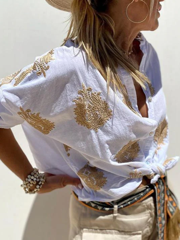 Damesknoopblouse - Boho - Los model - Shirt met lange mouwen - Dameslinnen overhemd-Boutique Moda
