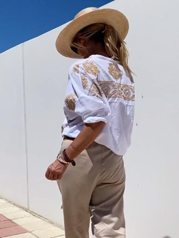 Damesknoopblouse - Boho - Los model - Shirt met lange mouwen - Dameslinnen overhemd-Boutique Moda