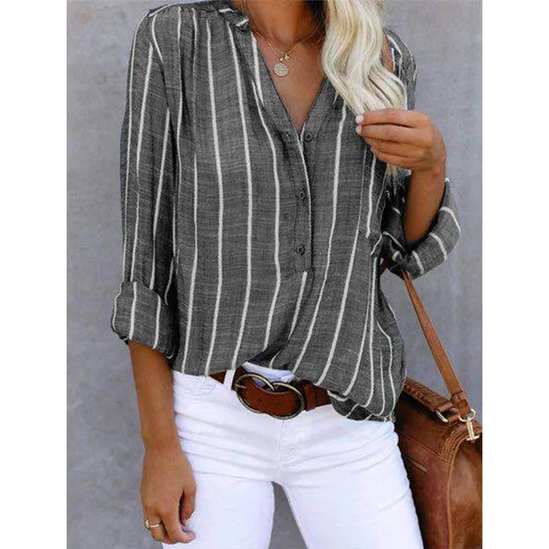 Damesoverhemd - Knoopsluiting - Losse pasvorm - Gestreepte overhemd - Linnen blouse-Boutique Moda