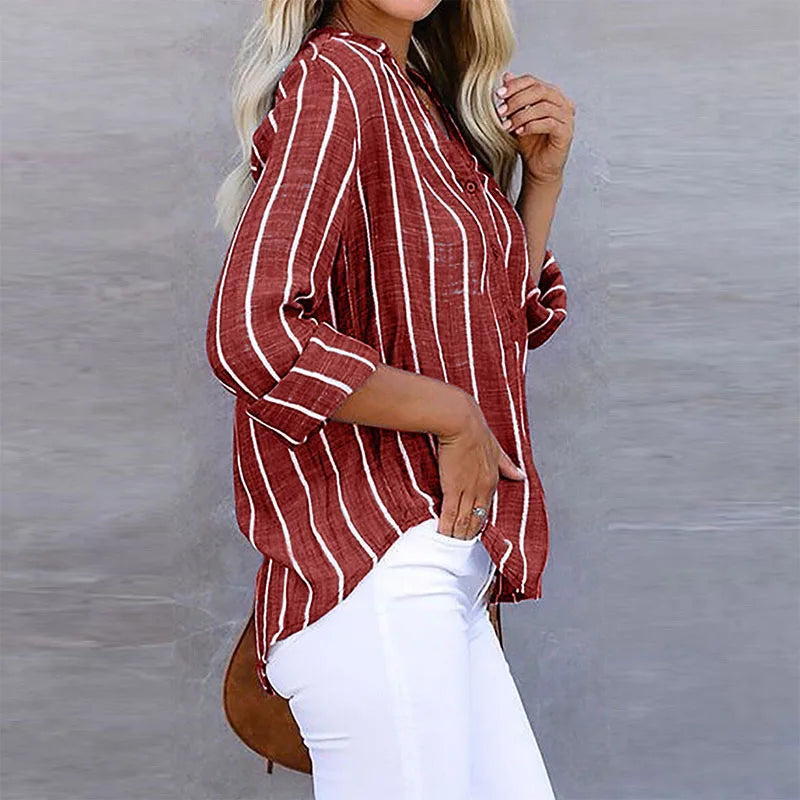 Damesoverhemd - Knoopsluiting - Losse pasvorm - Gestreepte overhemd - Linnen blouse-Boutique Moda