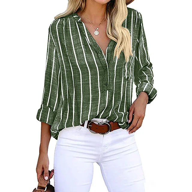 Damesoverhemd - Knoopsluiting - Losse pasvorm - Gestreepte overhemd - Linnen blouse-Boutique Moda