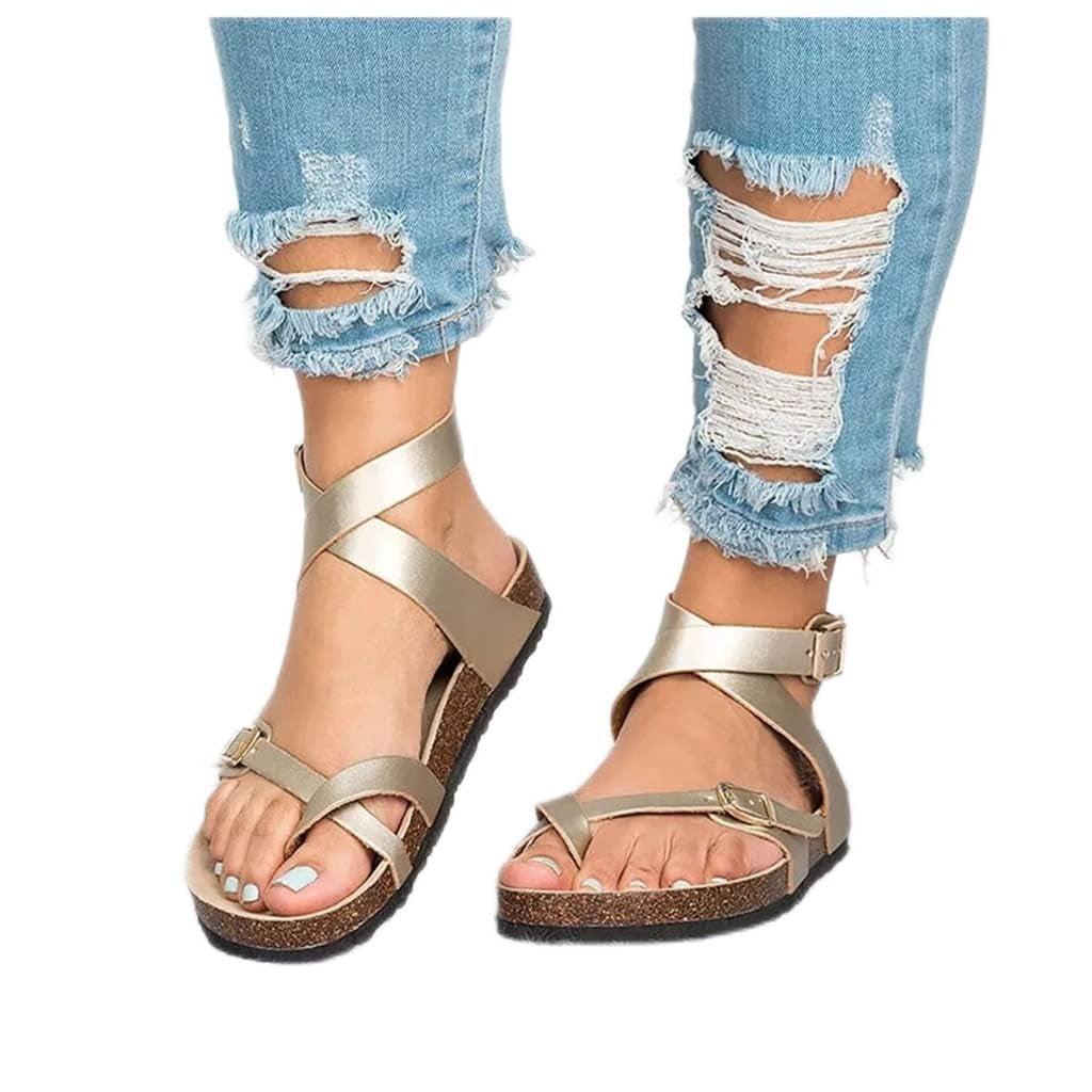Platte sandalen dames | Teenslipper met enkelband | Kurklook voetbed-Boutique Moda