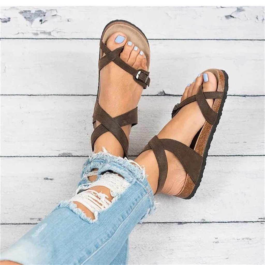 Platte sandalen dames | Teenslipper met enkelband | Kurklook voetbed-Boutique Moda