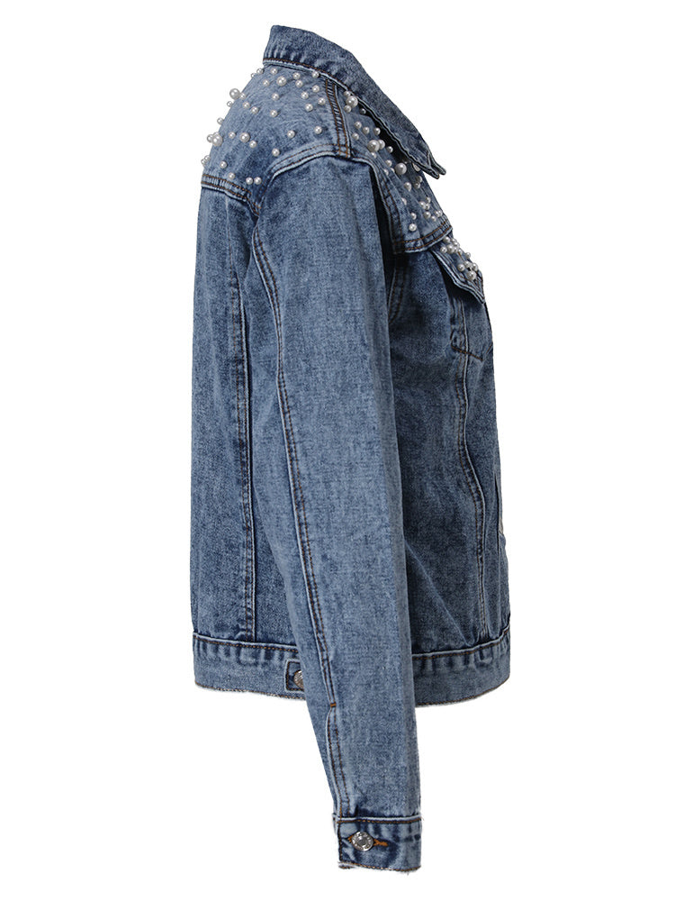 Denim Jas - Parels - Regular Fit - Denim - Jas met parels Denimwear - Damesjas-Boutique Moda