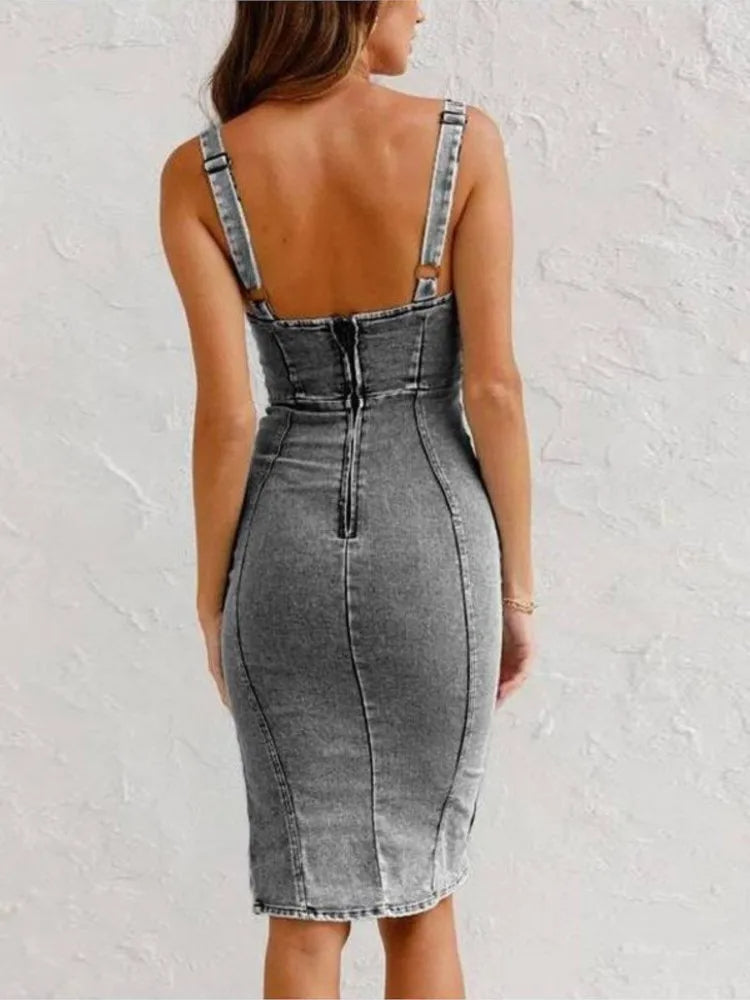 Denim Jurk - Dames Mouwloze Knielange Bodycon Denim Jurk-Boutique Moda