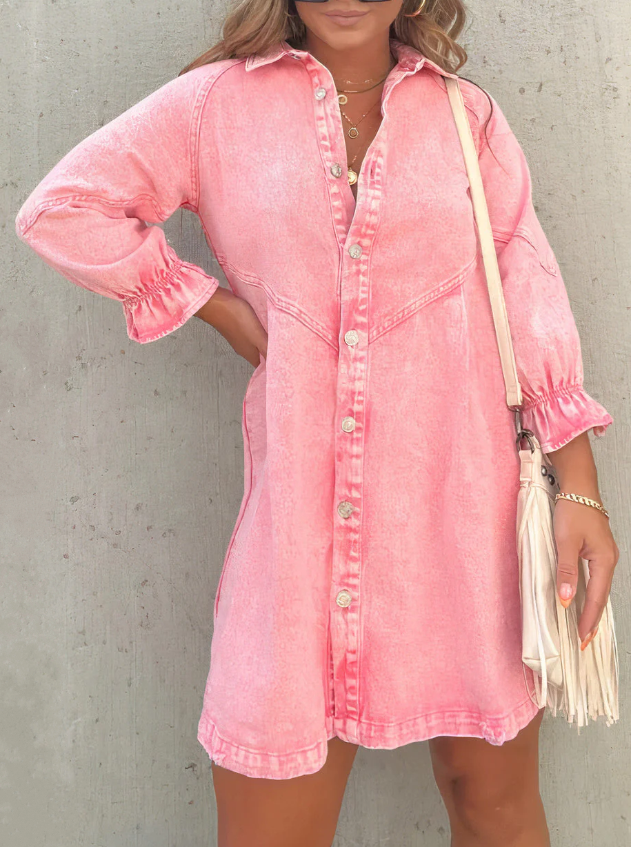 Denim Jurk - Losvallende Mini Jurk met Lange Mouwen en Knoopsluiting-Boutique Moda