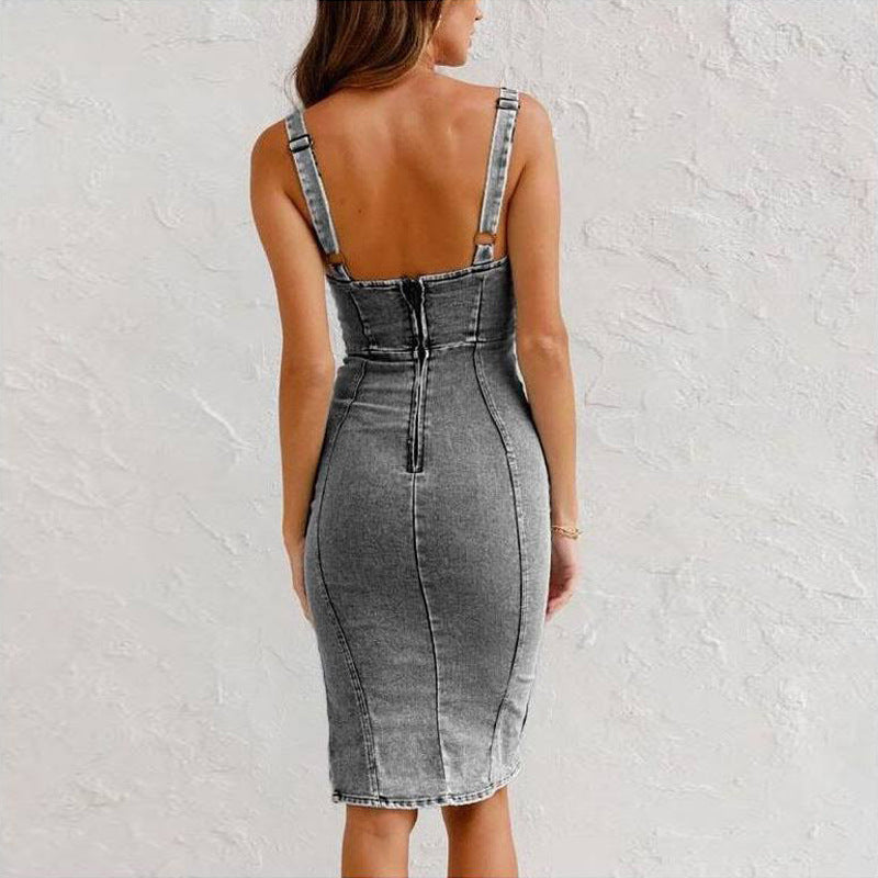 Denim Jurk - Mouwloos - Knielang - Bodycon Jurk - Casual Jurk-Boutique Moda