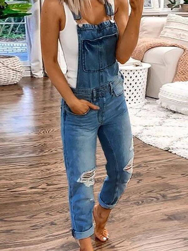 Denim Overalls - Ripped - Mouwloos - Denim tuinbroek - Jumpsuit Denim voor Dames-Boutique Moda