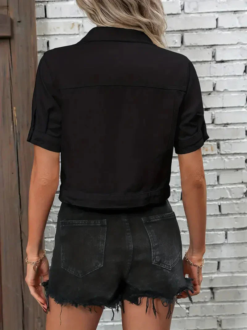 Denim jack met korte mouwen | Button-Up | Borstzakken | Jean jack met korte mouwen | Denim jack voor vrouwen-Boutique Moda
