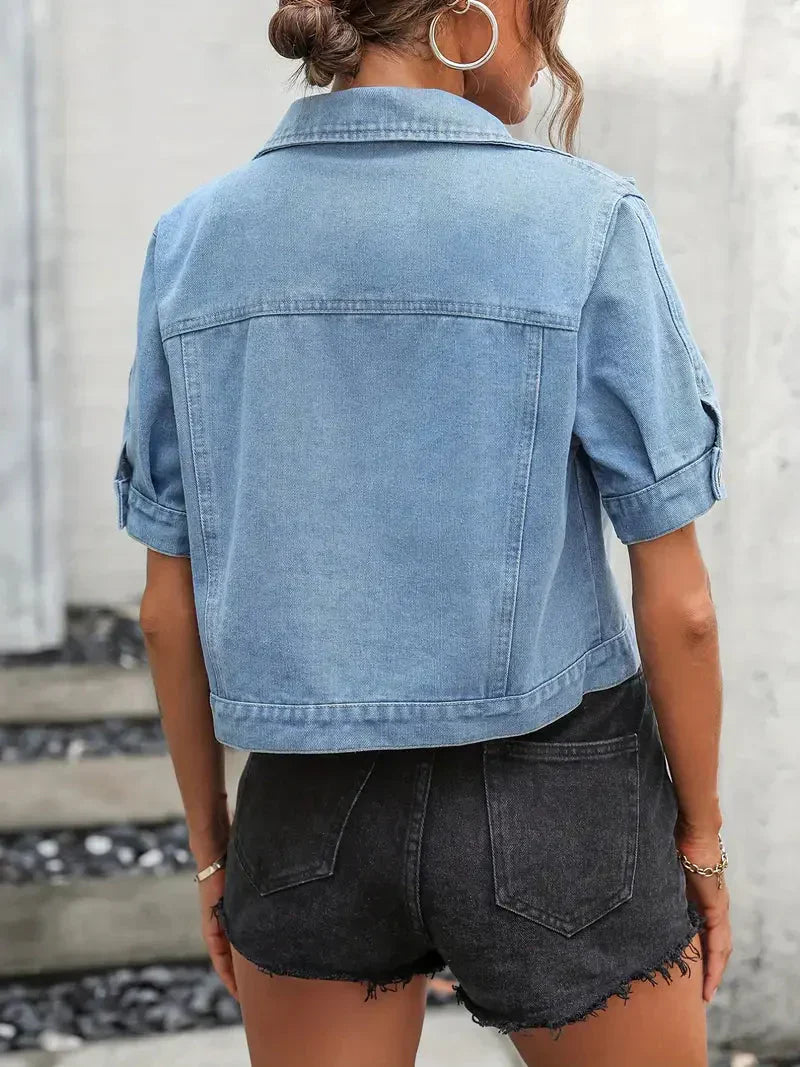 Denim jack met korte mouwen | Button-Up | Borstzakken | Jean jack met korte mouwen | Denim jack voor vrouwen-Boutique Moda
