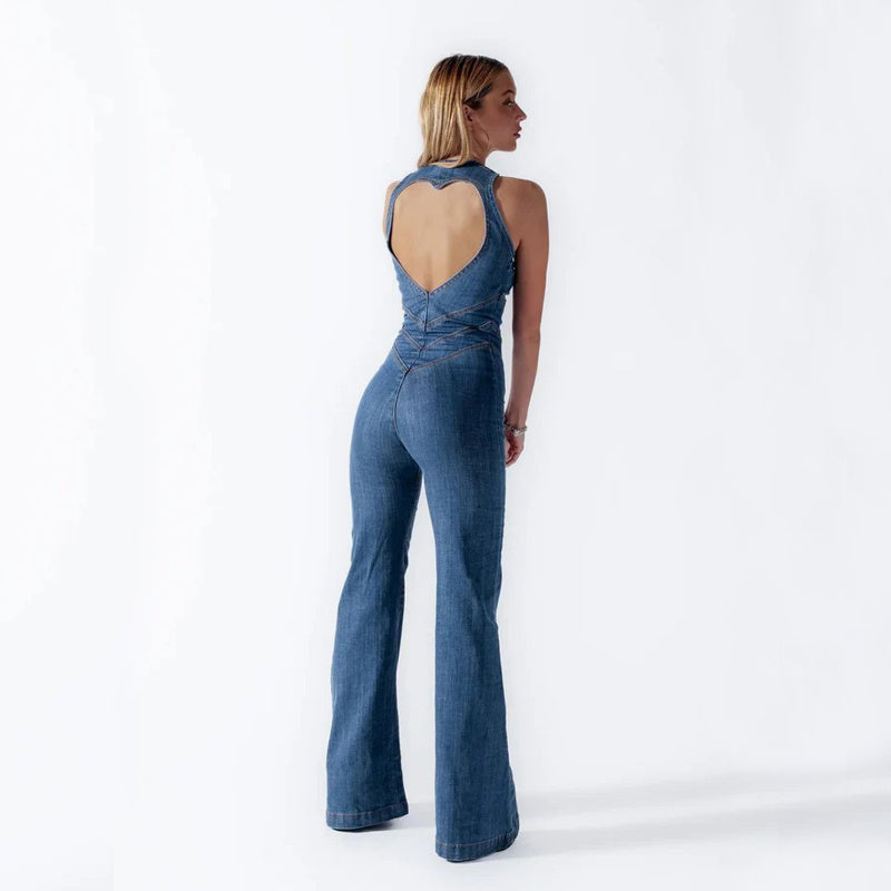 Denim jumpsuit - Mouwloos - Open rug - Uitlopende jumpsuit - Dameskleding-Boutique Moda