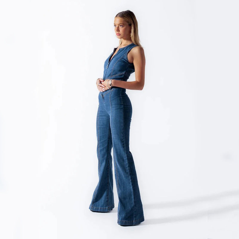 Denim jumpsuit - Mouwloos - Open rug - Uitlopende jumpsuit - Dameskleding-Boutique Moda