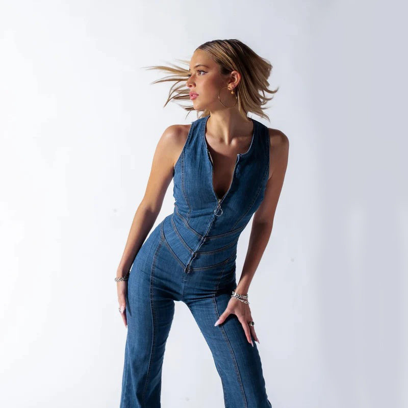 Denim jumpsuit - Mouwloos - Open rug - Uitlopende jumpsuit - Dameskleding-Boutique Moda