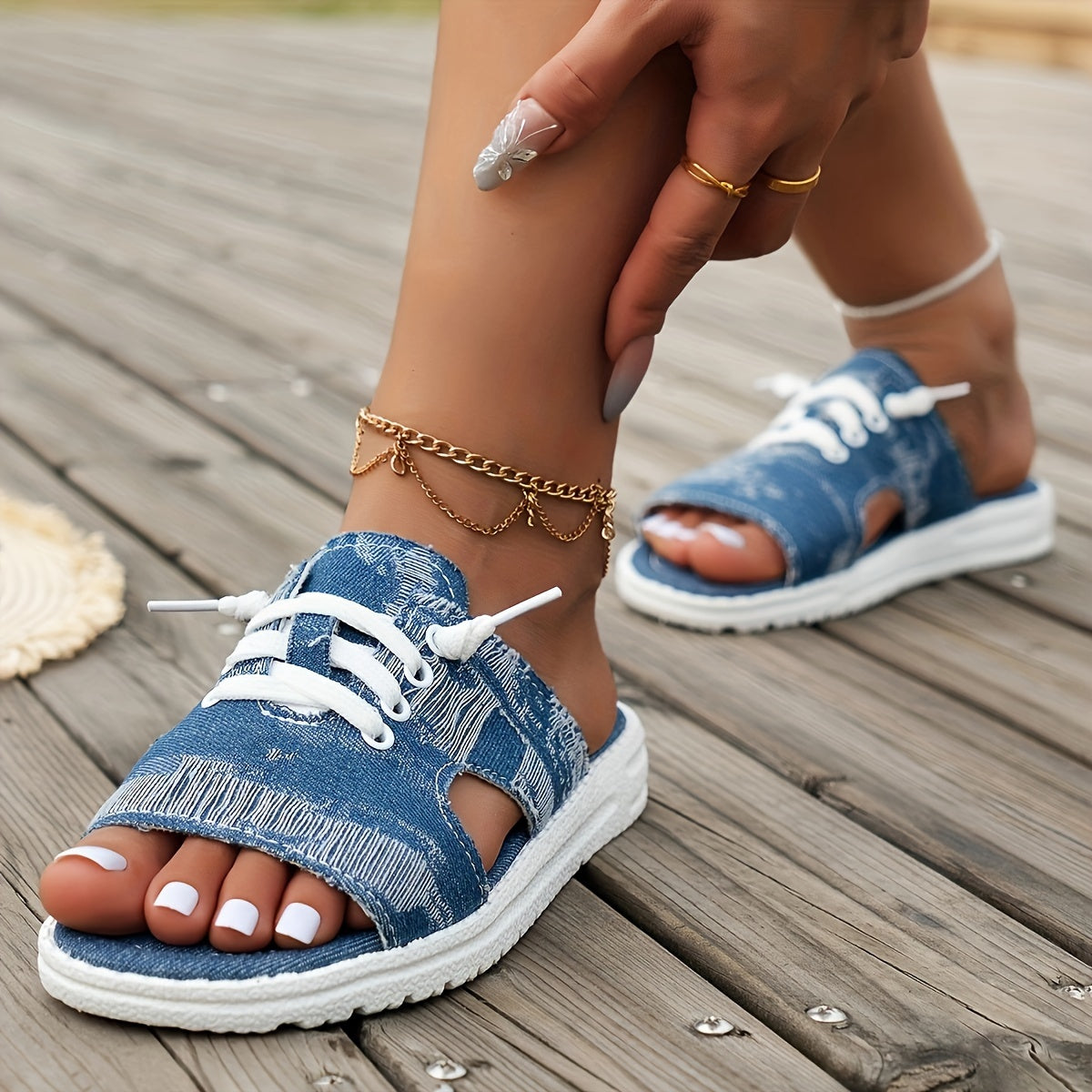 Denim sandalen - Plat - Slip-On - Comfortabel - Slides - Damesschoenen-Boutique Moda
