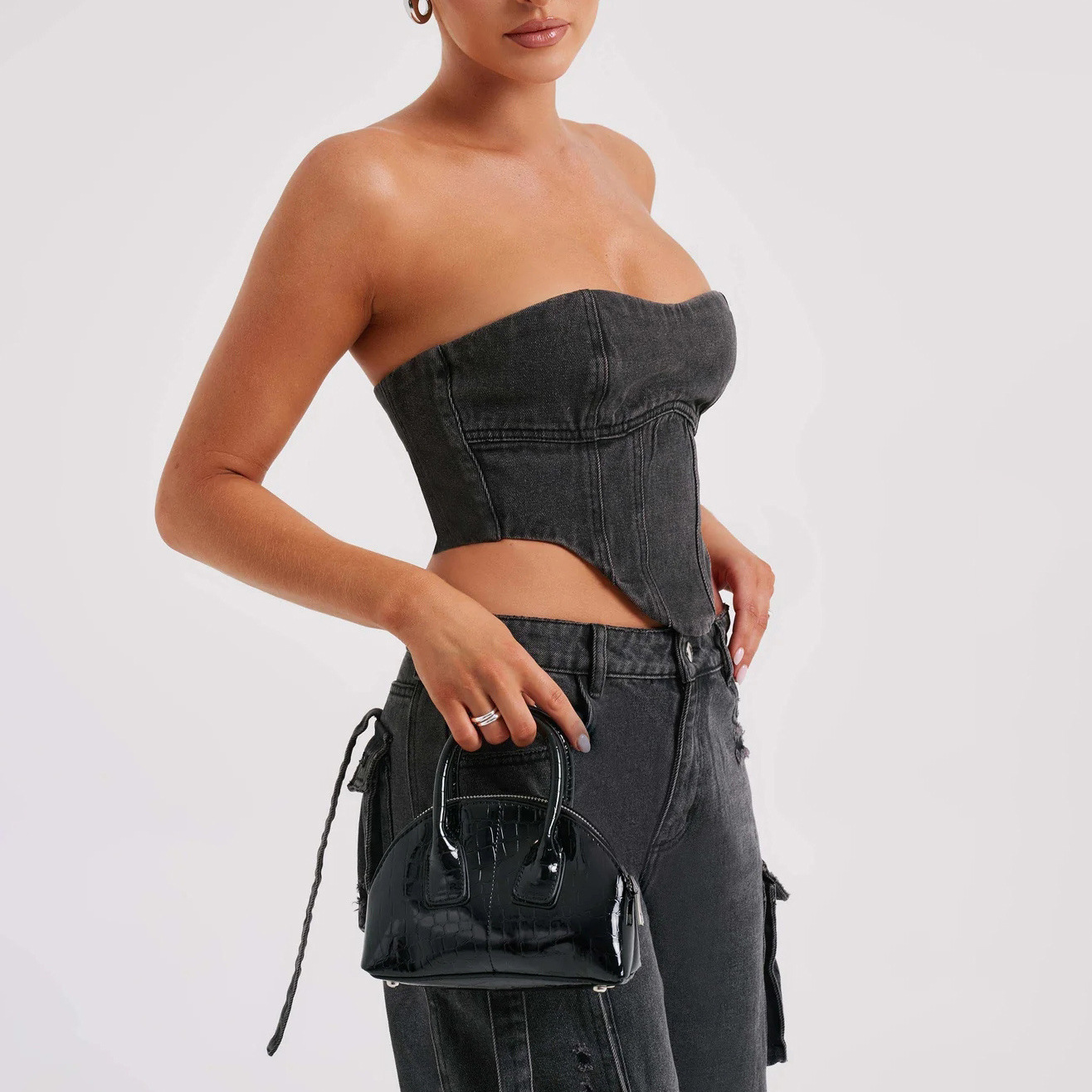 Denim-set - Tweedelige set voor dames met crop top en losse cargobroek-Boutique Moda