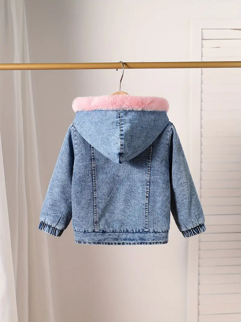 Denimjas met bontvoering - Roze-blauwe denimjas met capuchon voor meisjes-Boutique Moda