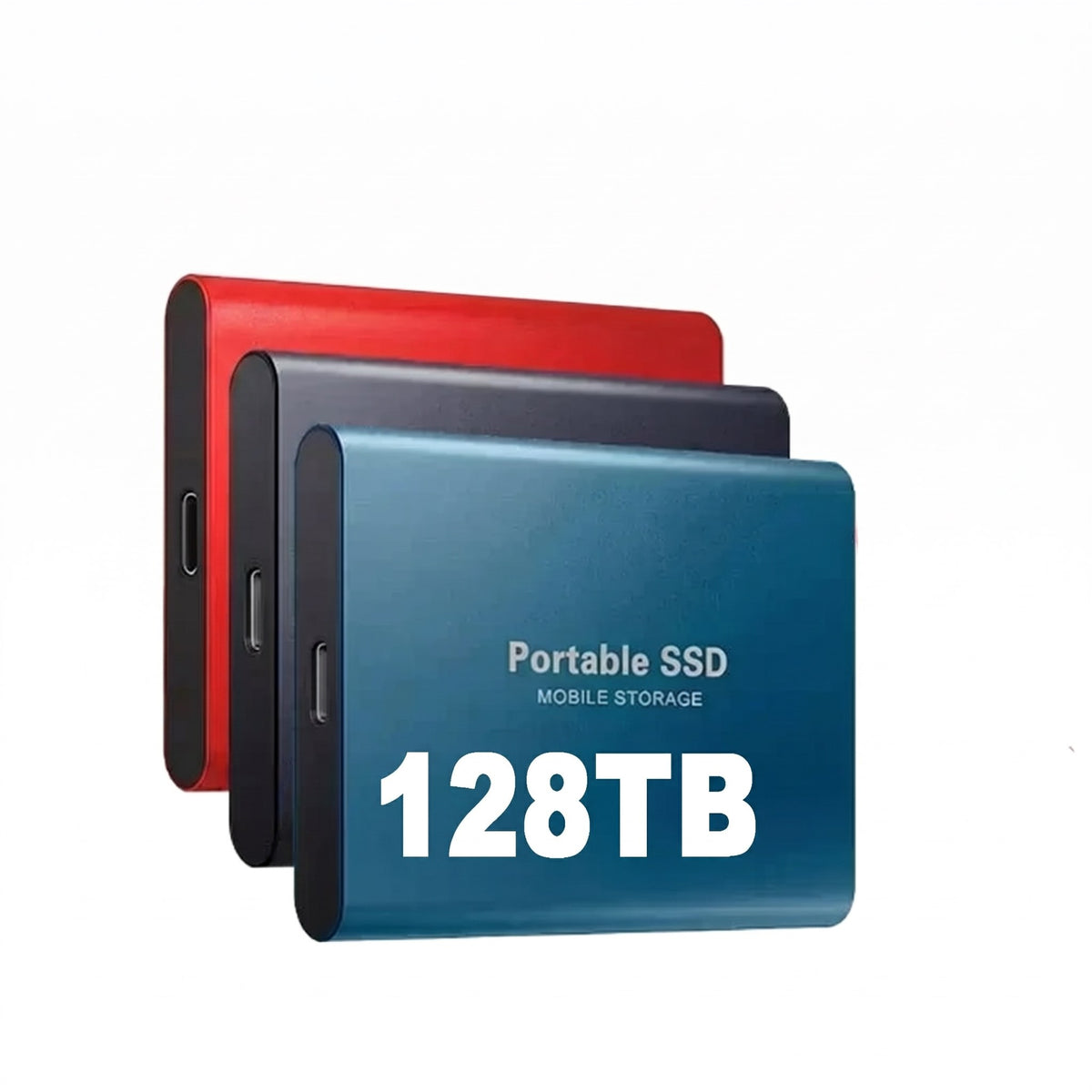 Drie draagbare SSD's in rood, zwart en blauw, schuin achter elkaar | Boutique Moda