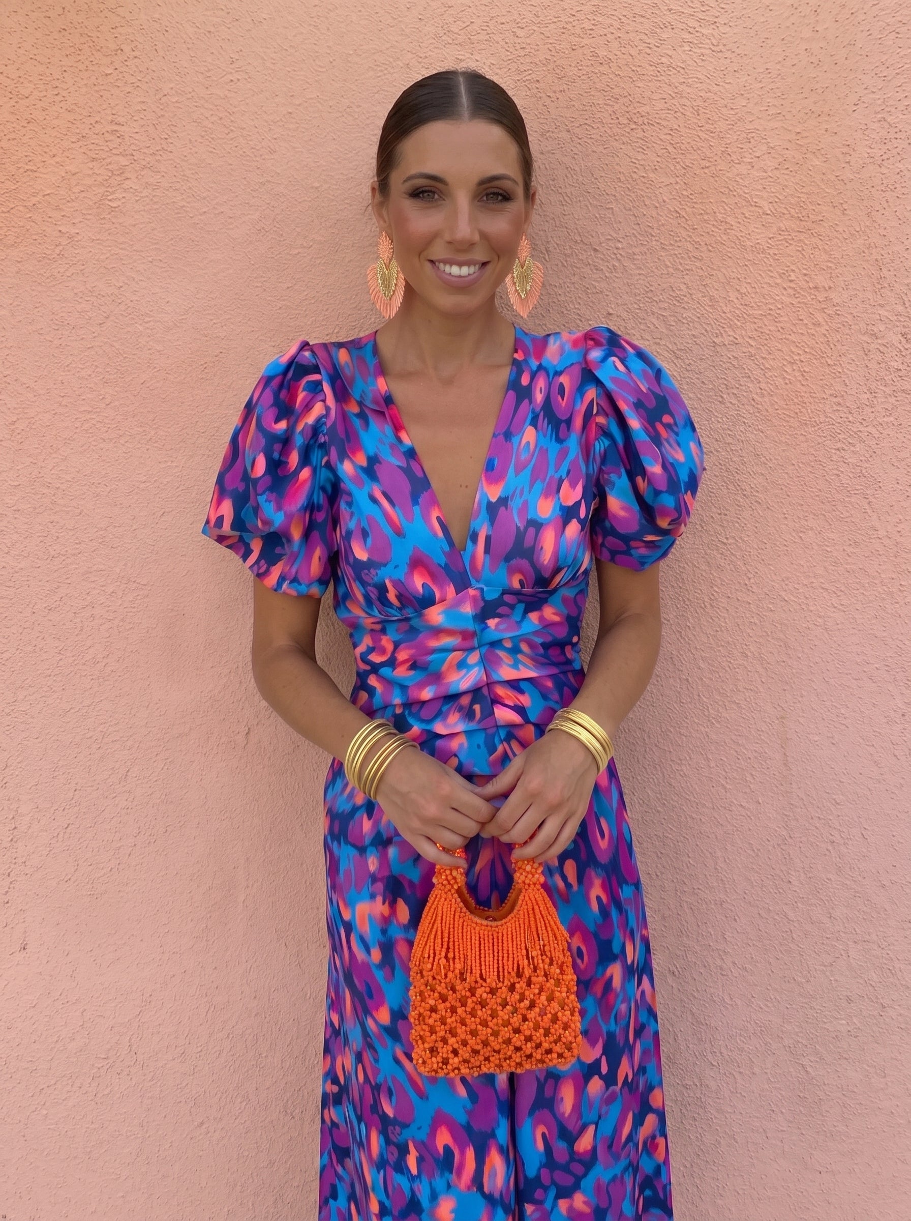Elegante Midi Cocktailjurk met Pofmouwen en V-hals – Bodycon Zomerjurk voor Dames-Boutique Moda
