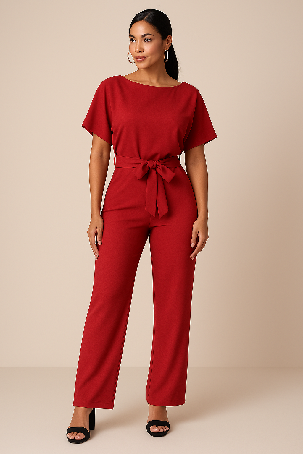 Elegante jumpsuit – Jumpsuit met korte mouwen en strikceintuur voor dames-Boutique Moda