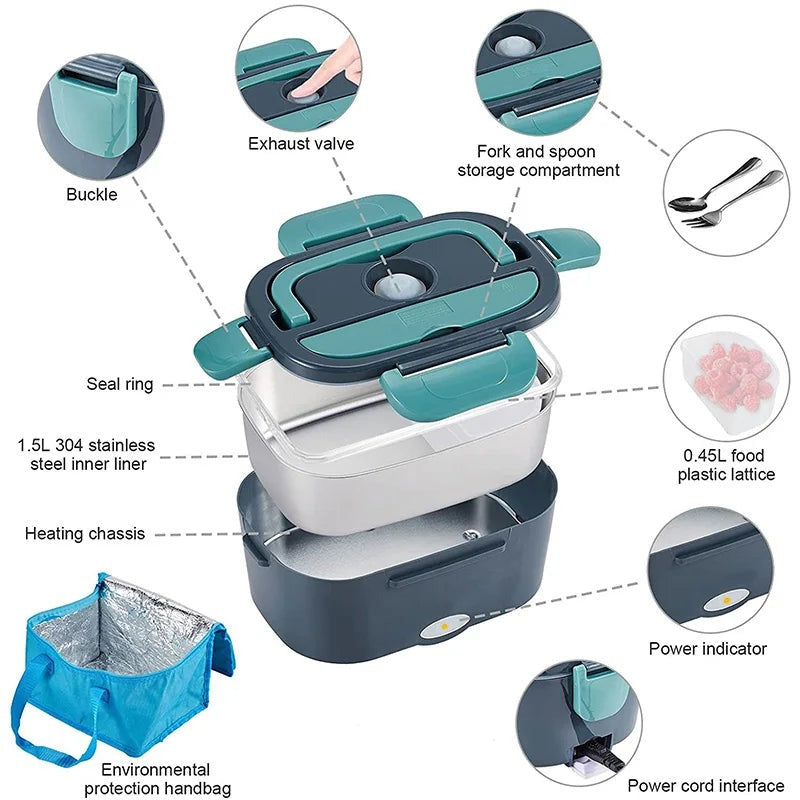 Elektrische Lunchbox RVS | Verwarmde Broodtrommel | 12V Auto en 220V-Boutique Moda