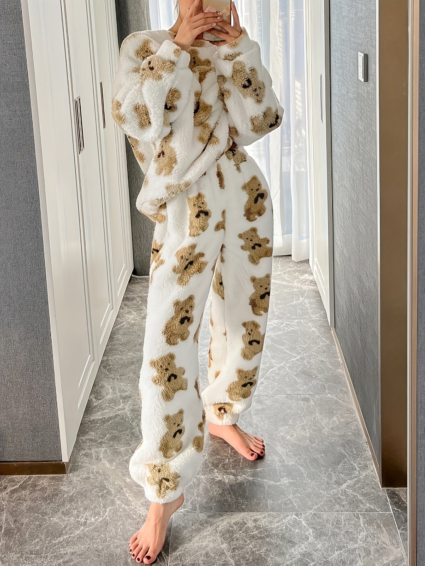 Fleece Pyjama - Teddybeer - Lange Mouw - Fluffy Pyjama - Winterpyjama voor Vrouwen-Boutique Moda