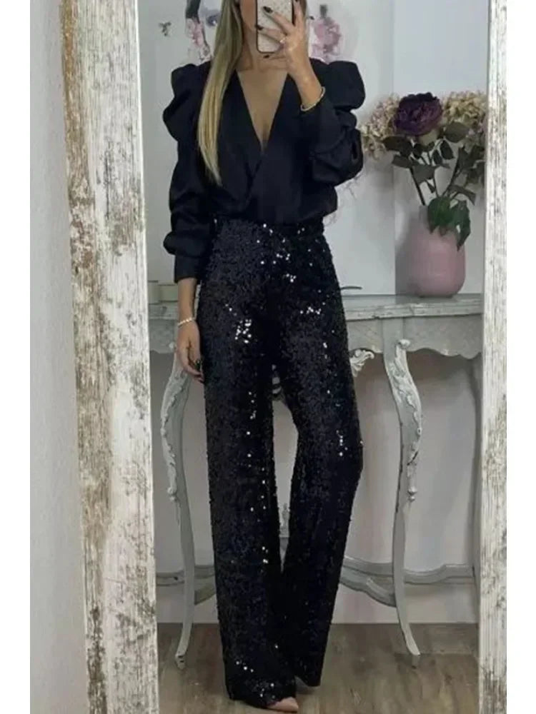 Fonkelende Broek | Glitter | Uitlopend | Feestbroek | Paillettenbroek Dames-Boutique Moda