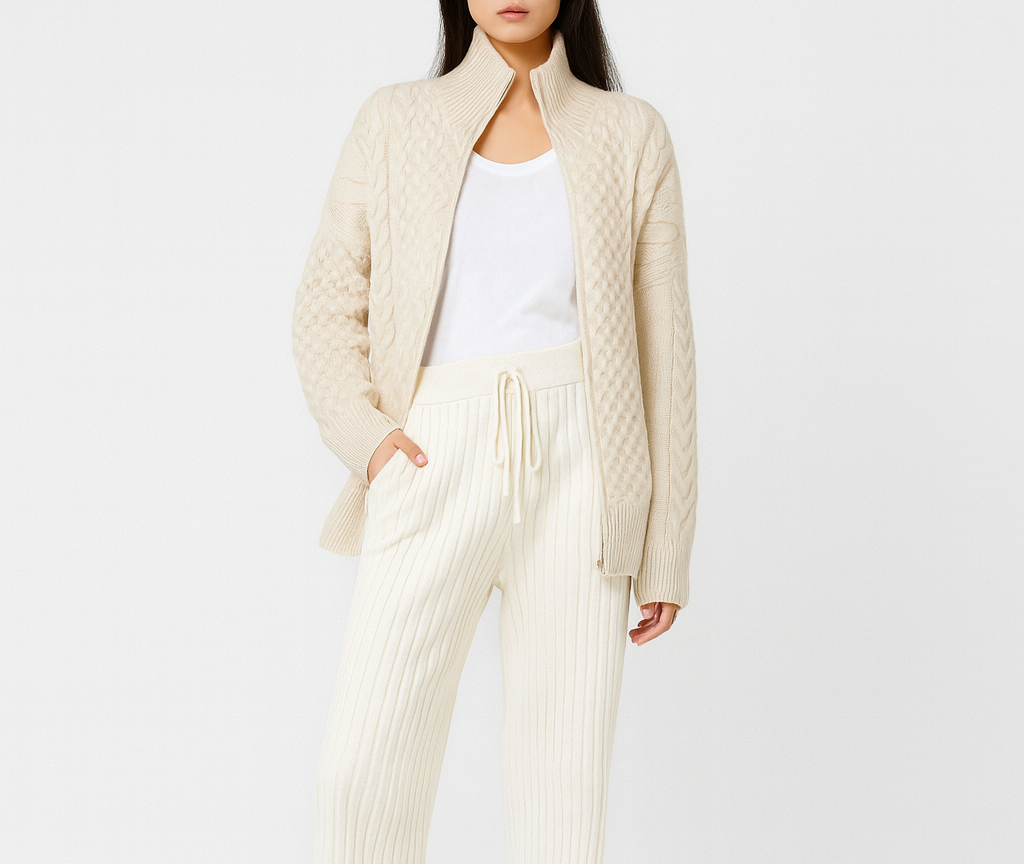 Gebreid vest - Dames crèmekleurig oversized vest met ritssluiting-Boutique Moda