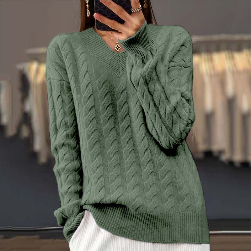 Gebreide trui - V-hals - Kabelgebreid - Gebreide trui - Damesbreiwerk-Boutique Moda