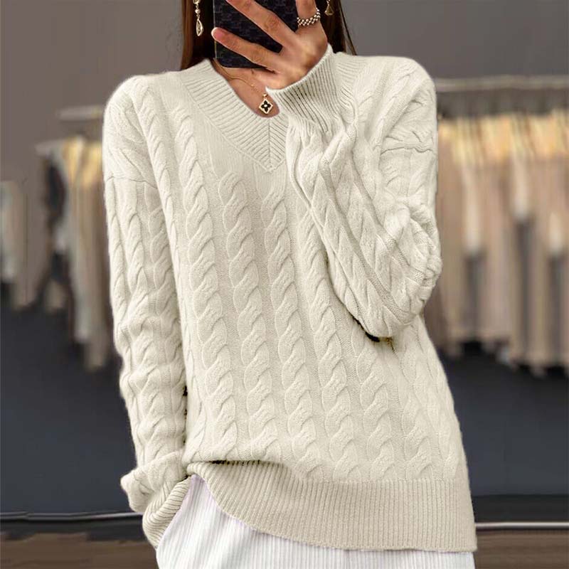 Gebreide trui - V-hals - Kabelgebreid - Gebreide trui - Damesbreiwerk-Boutique Moda