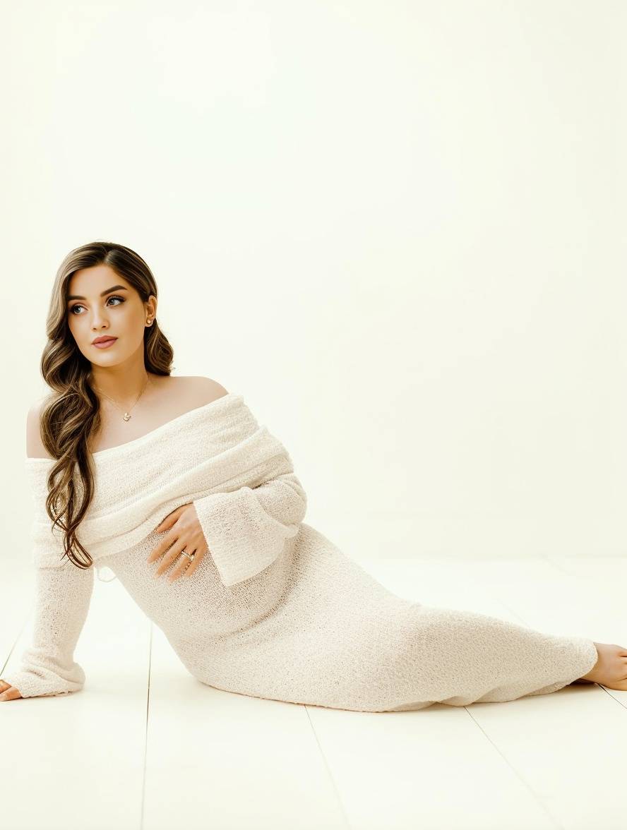 Gebreide zwangerschapsjurk – Maxi-jurk met lange mouwen en schouderloze halslijn-Boutique Moda