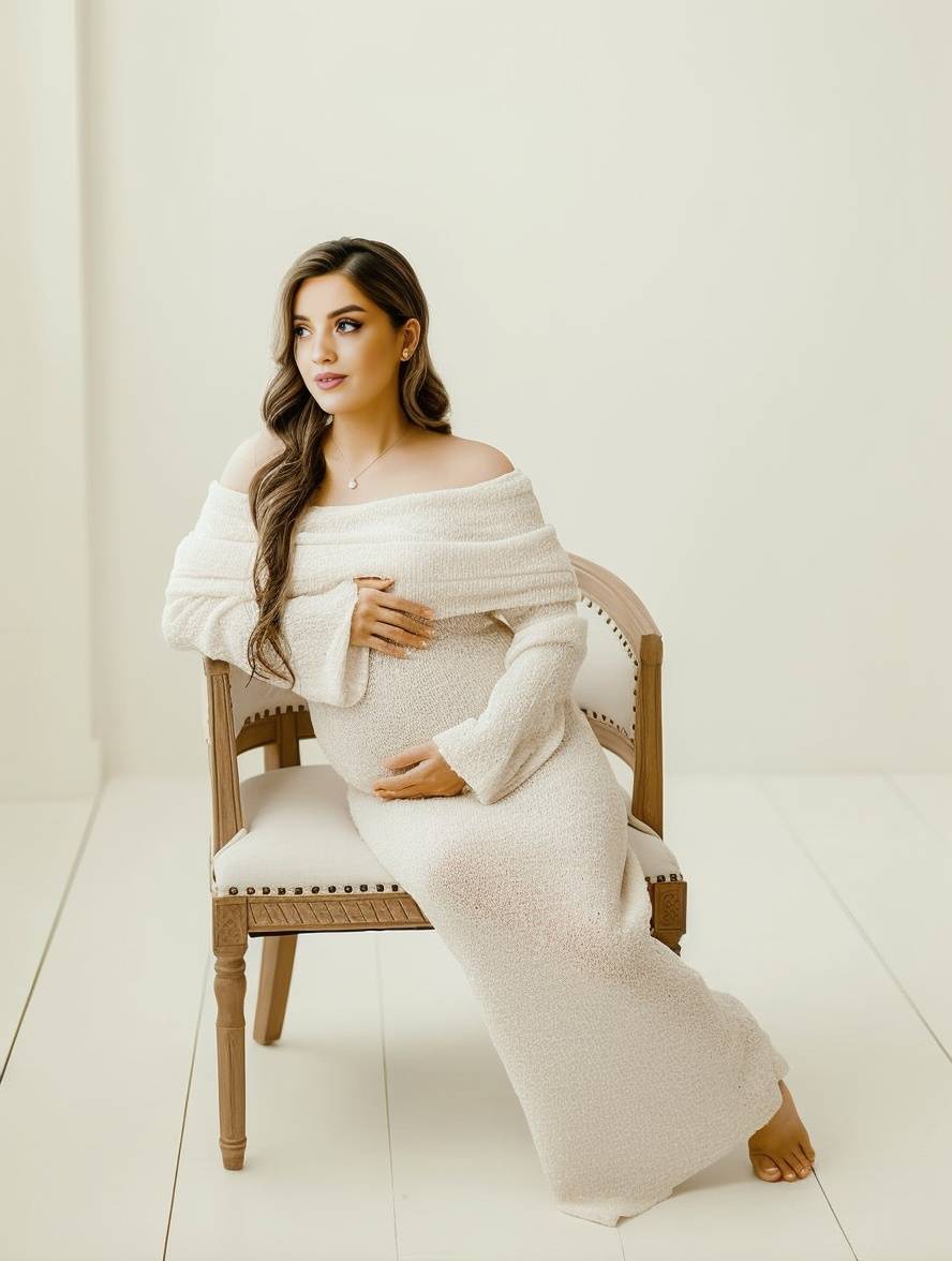 Gebreide zwangerschapsjurk – Maxi-jurk met lange mouwen en schouderloze halslijn-Boutique Moda