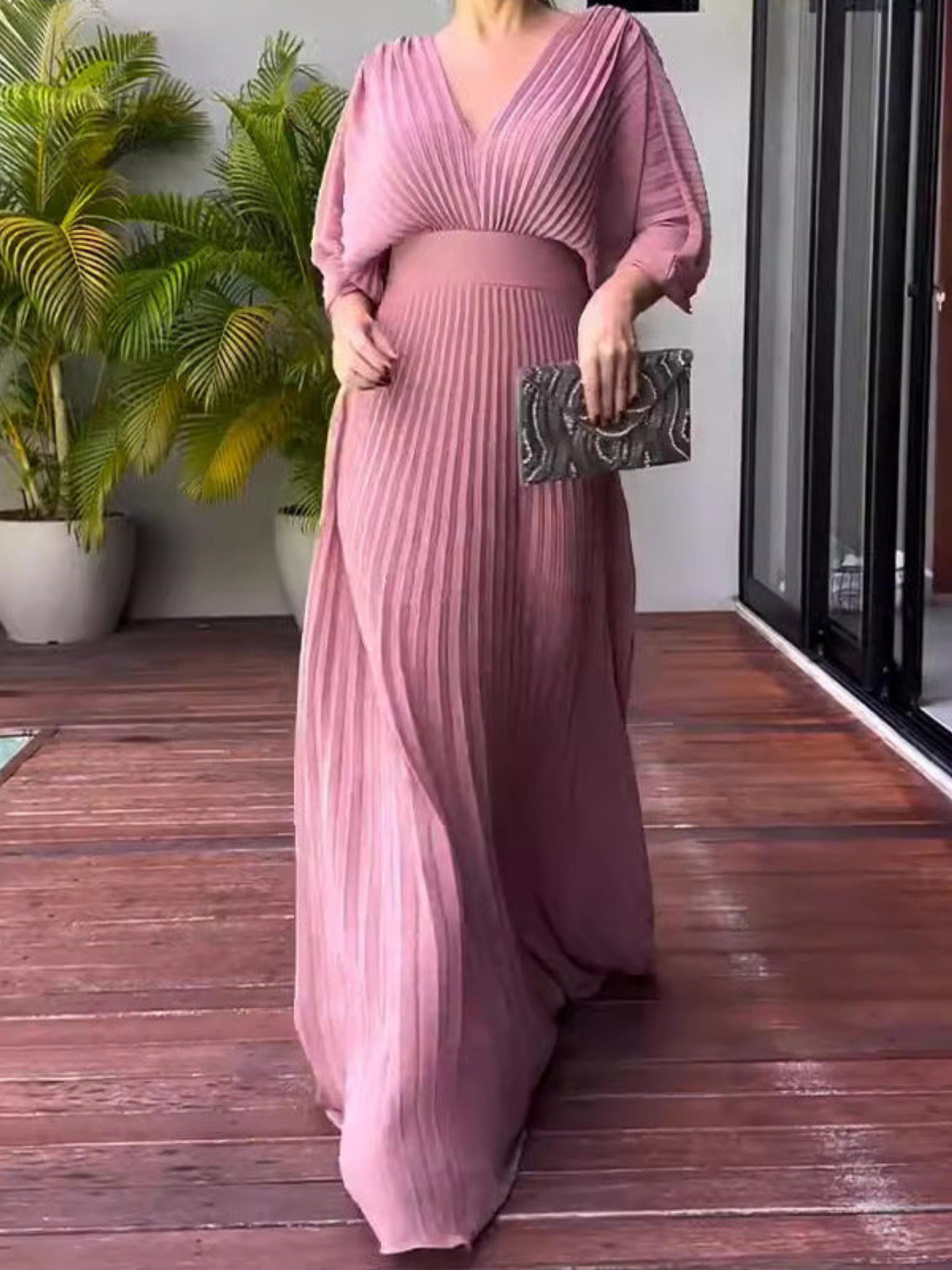 Geplooide Jurk | V-Hals | Vleermuismouw | Elegante Jurk | Maxi-jurk-Boutique Moda