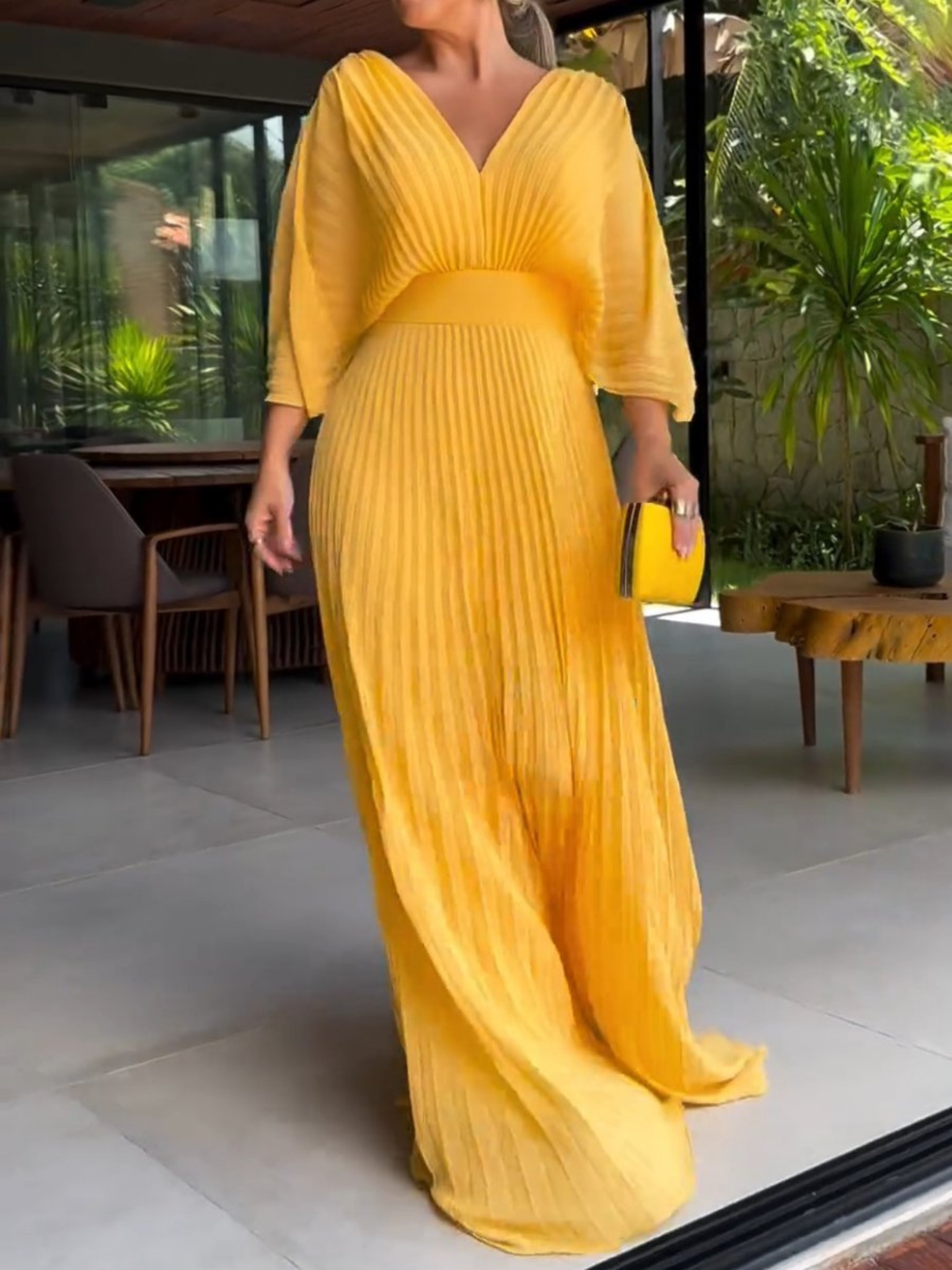 Geplooide Jurk | V-Hals | Vleermuismouw | Elegante Jurk | Maxi-jurk-Boutique Moda