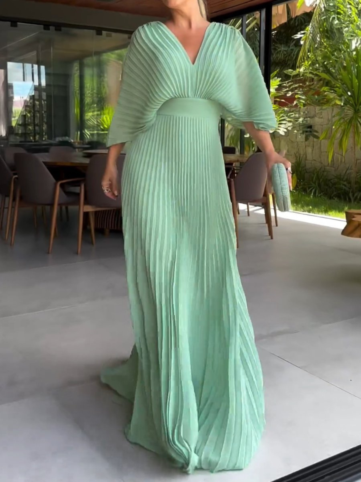 Geplooide Jurk | V-Hals | Vleermuismouw | Elegante Jurk | Maxi-jurk-Boutique Moda