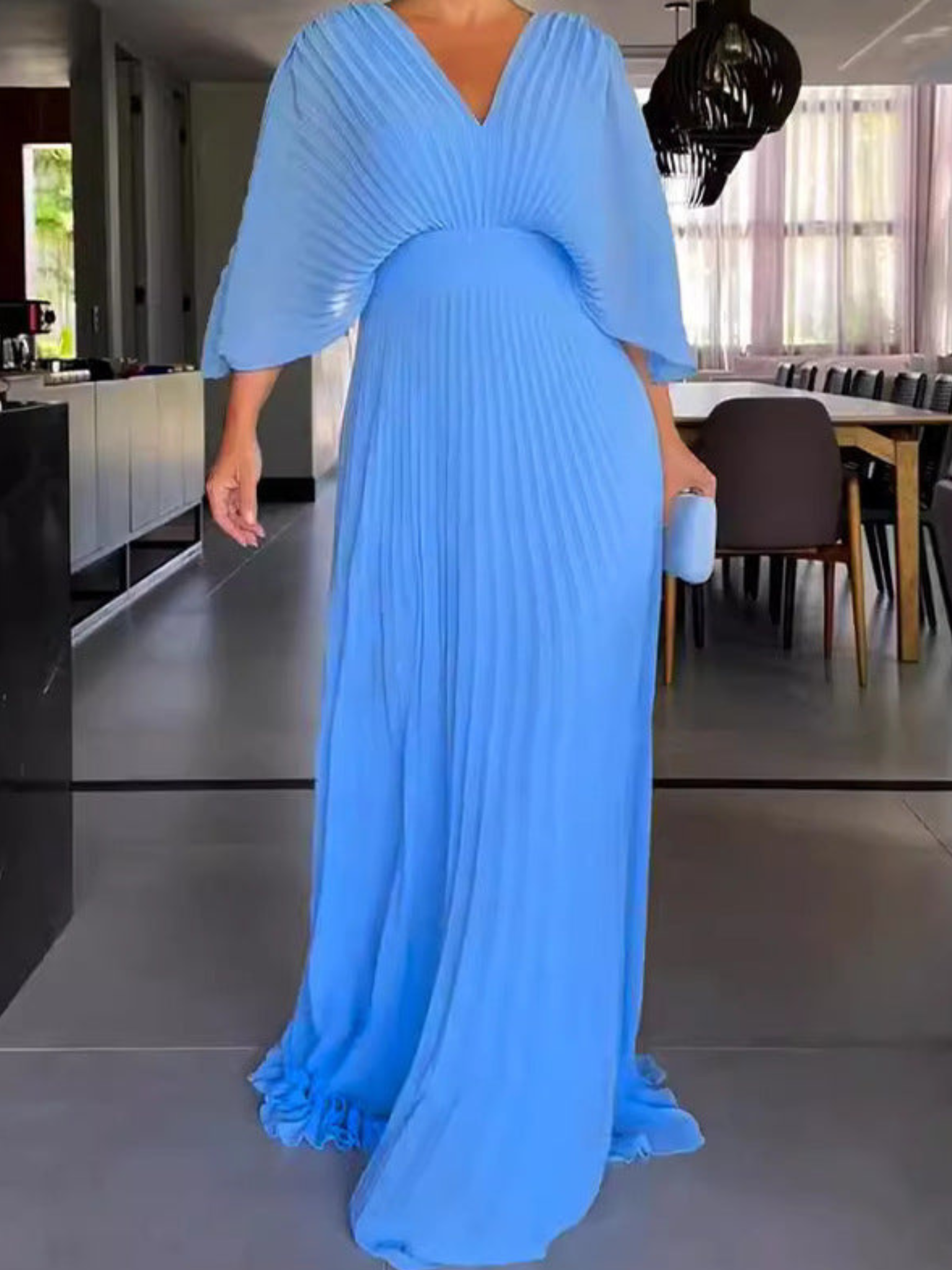 Geplooide Jurk | V-Hals | Vleermuismouw | Elegante Jurk | Maxi-jurk-Boutique Moda
