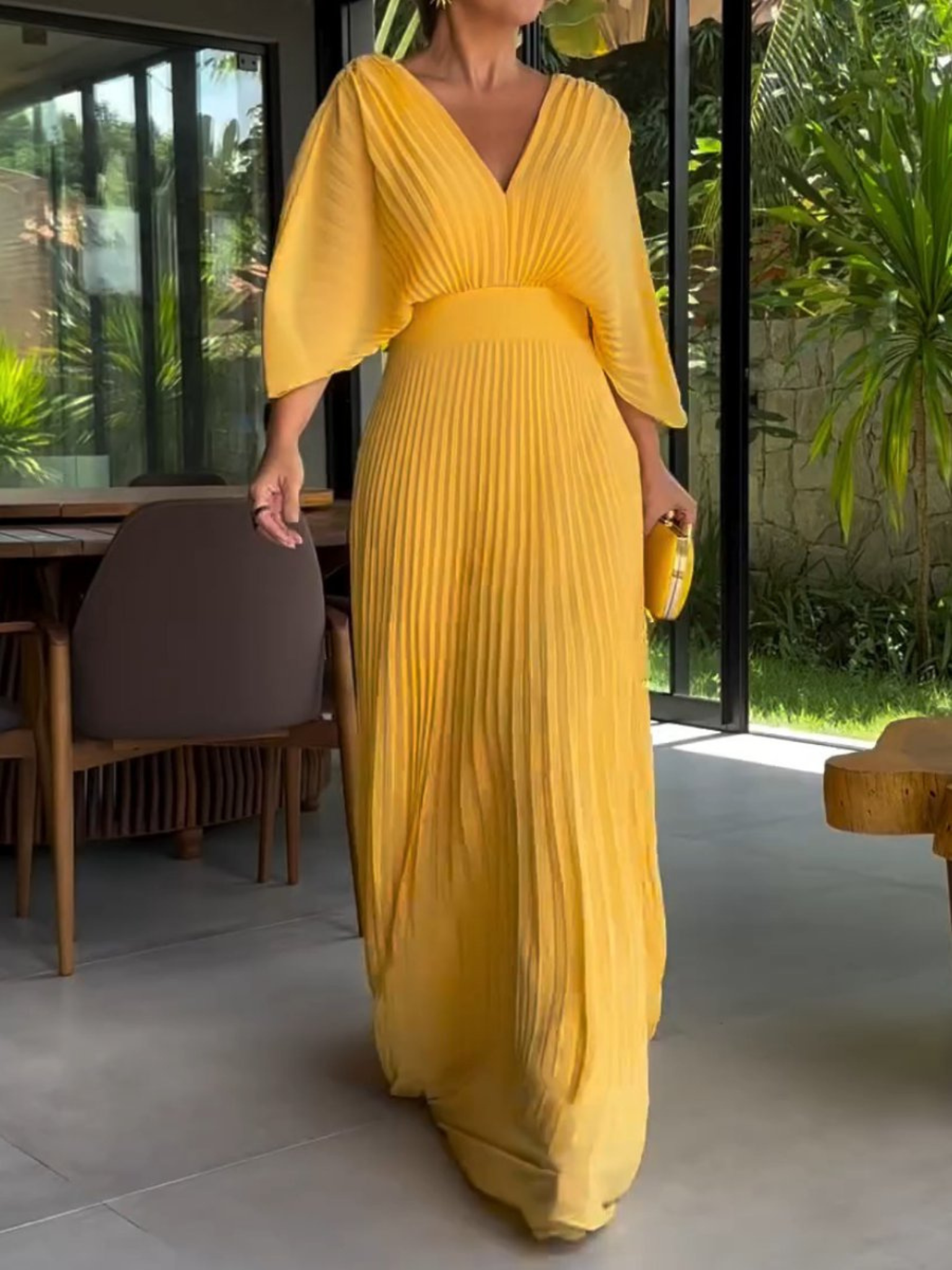 Geplooide Jurk | V-Hals | Vleermuismouw | Elegante Jurk | Maxi-jurk-Boutique Moda
