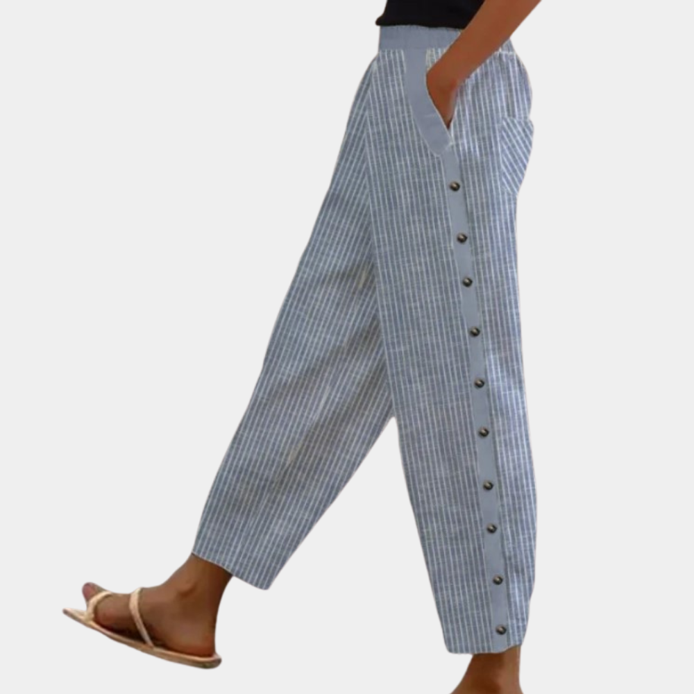 Gestreepte Broek - Losvallende linnen broek met knopen aan de zijkant voor dames, perfect voor de zomer-Boutique Moda