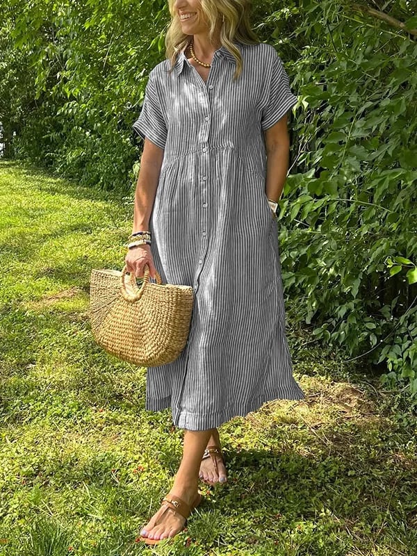 Gestreepte Jurk | Korte mouwen | Losse pasvorm | Jurk met knoopsluiting | Zomerjurk-Boutique Moda
