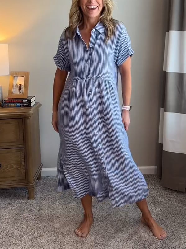 Gestreepte Jurk | Korte mouwen | Losse pasvorm | Jurk met knoopsluiting | Zomerjurk-Boutique Moda
