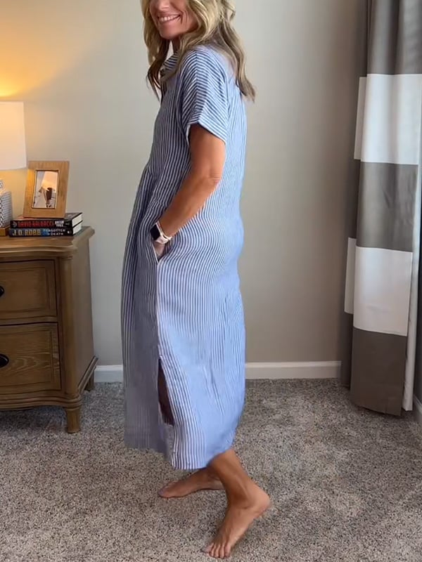 Gestreepte Jurk | Korte mouwen | Losse pasvorm | Jurk met knoopsluiting | Zomerjurk-Boutique Moda