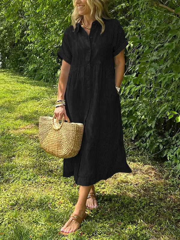 Gestreepte Jurk | Korte mouwen | Losse pasvorm | Jurk met knoopsluiting | Zomerjurk-Boutique Moda