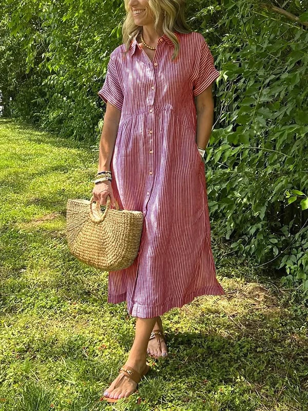 Gestreepte Jurk | Korte mouwen | Losse pasvorm | Jurk met knoopsluiting | Zomerjurk-Boutique Moda